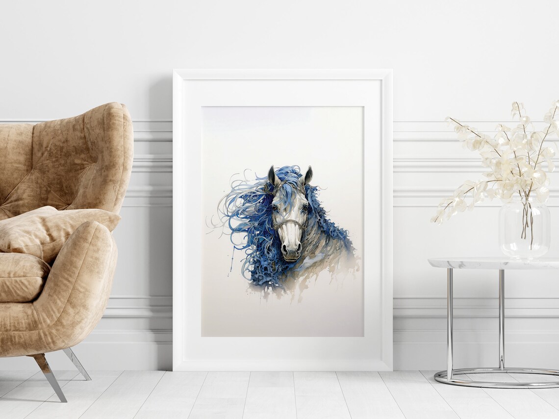White Horse with Wild Flowing Blue Mane Dreamy Watercolor Poster - Image 5
