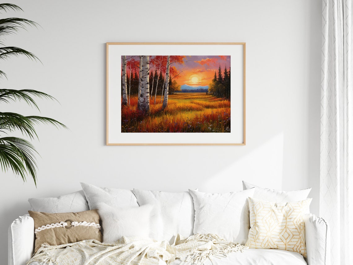 Fiery Autumn Birch Trees at Sunset Over Golden Meadow Poster - Image 3