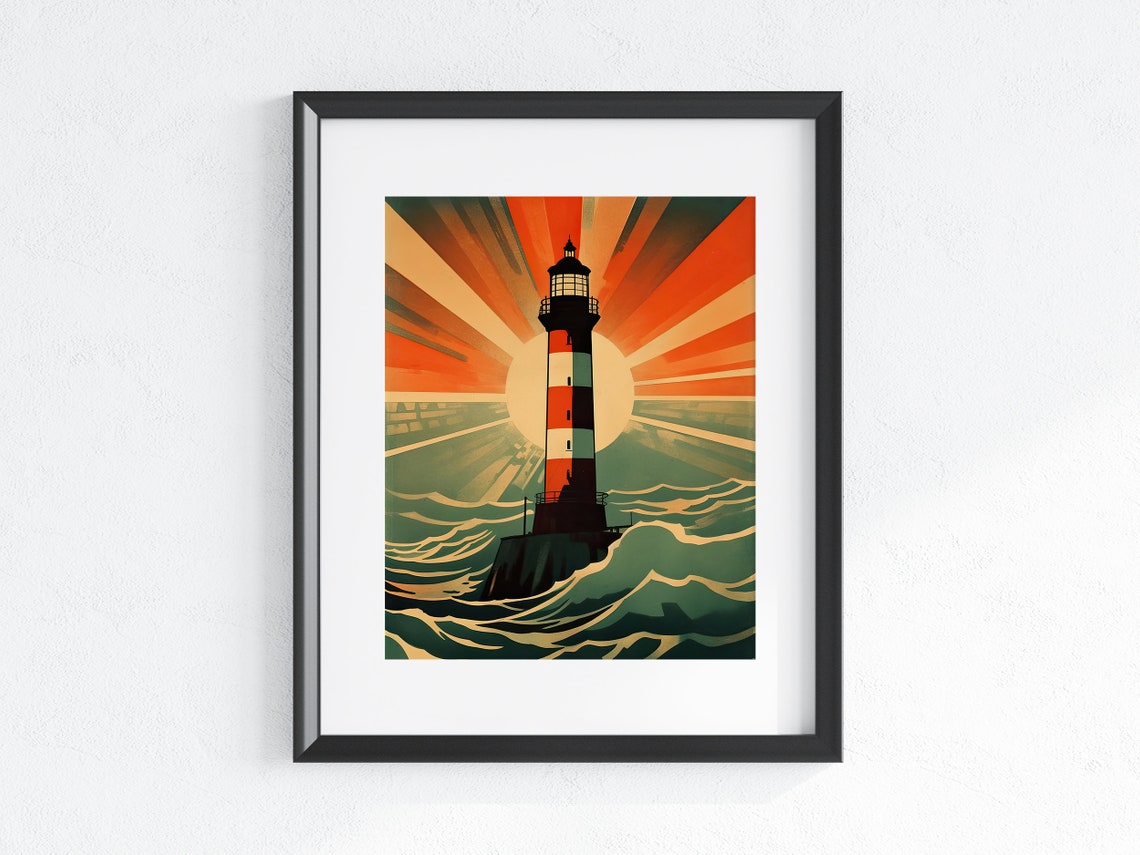 Vintage Red Striped Lighthouse Beneath Art Deco Sunrise Poster