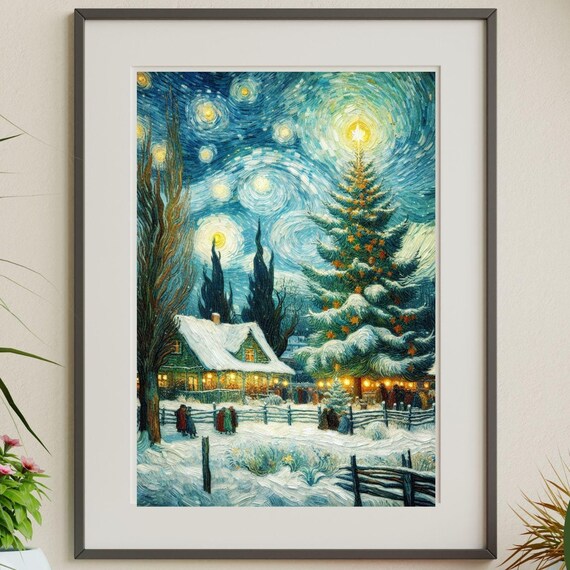 Van Gogh Style Starry Night Christmas Village Snowy Tree Poster