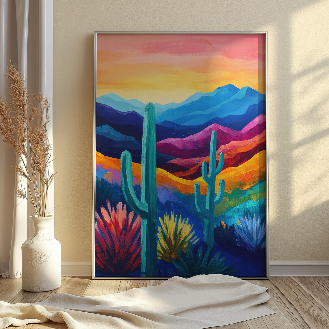 Desert Sunset Twin Saguaro Cacti Purple Mountains Colorful Southwest Poster - Image 4
