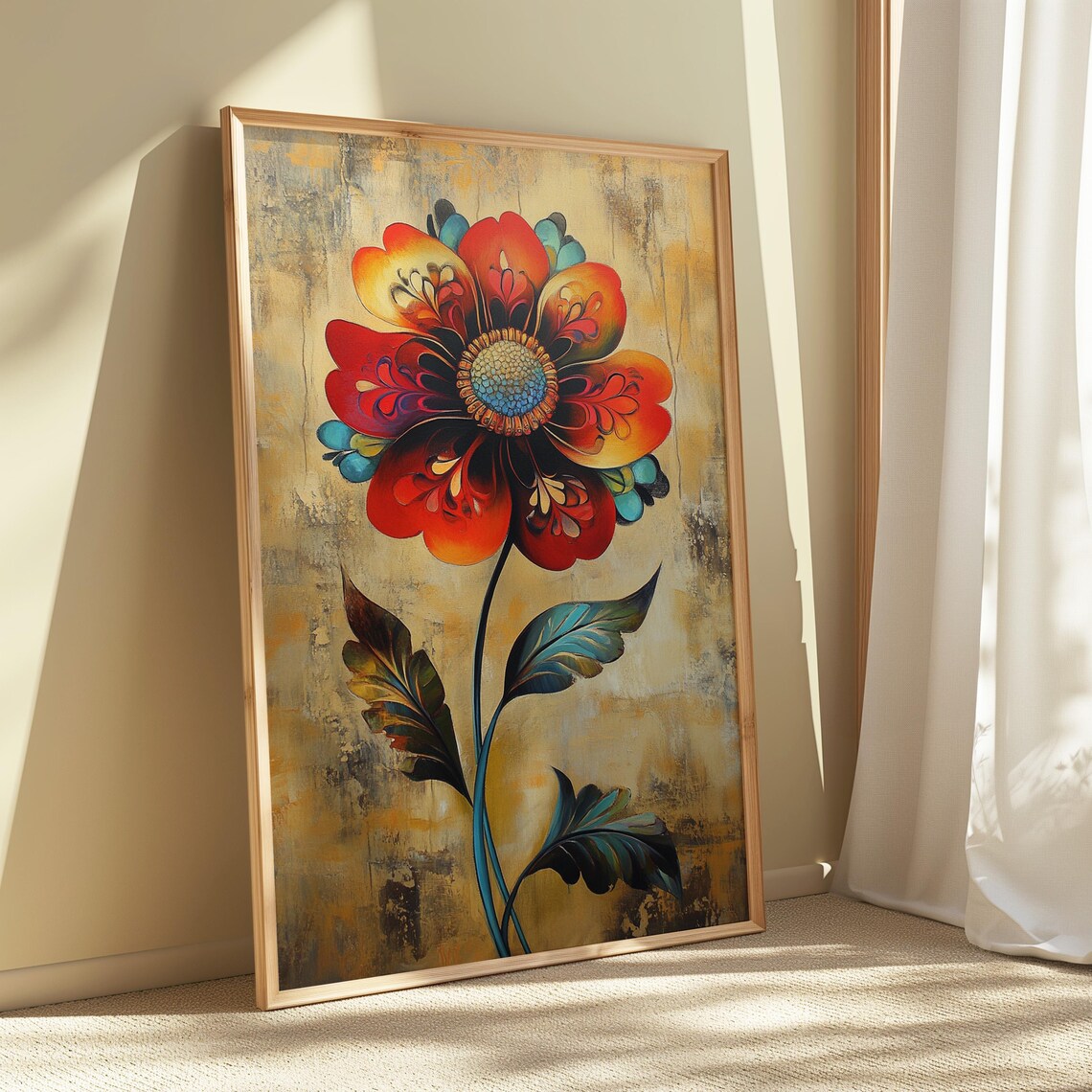 Ornamental Red Orange Flower Teal Leaves Warm Tan Floral Poster - Image 5