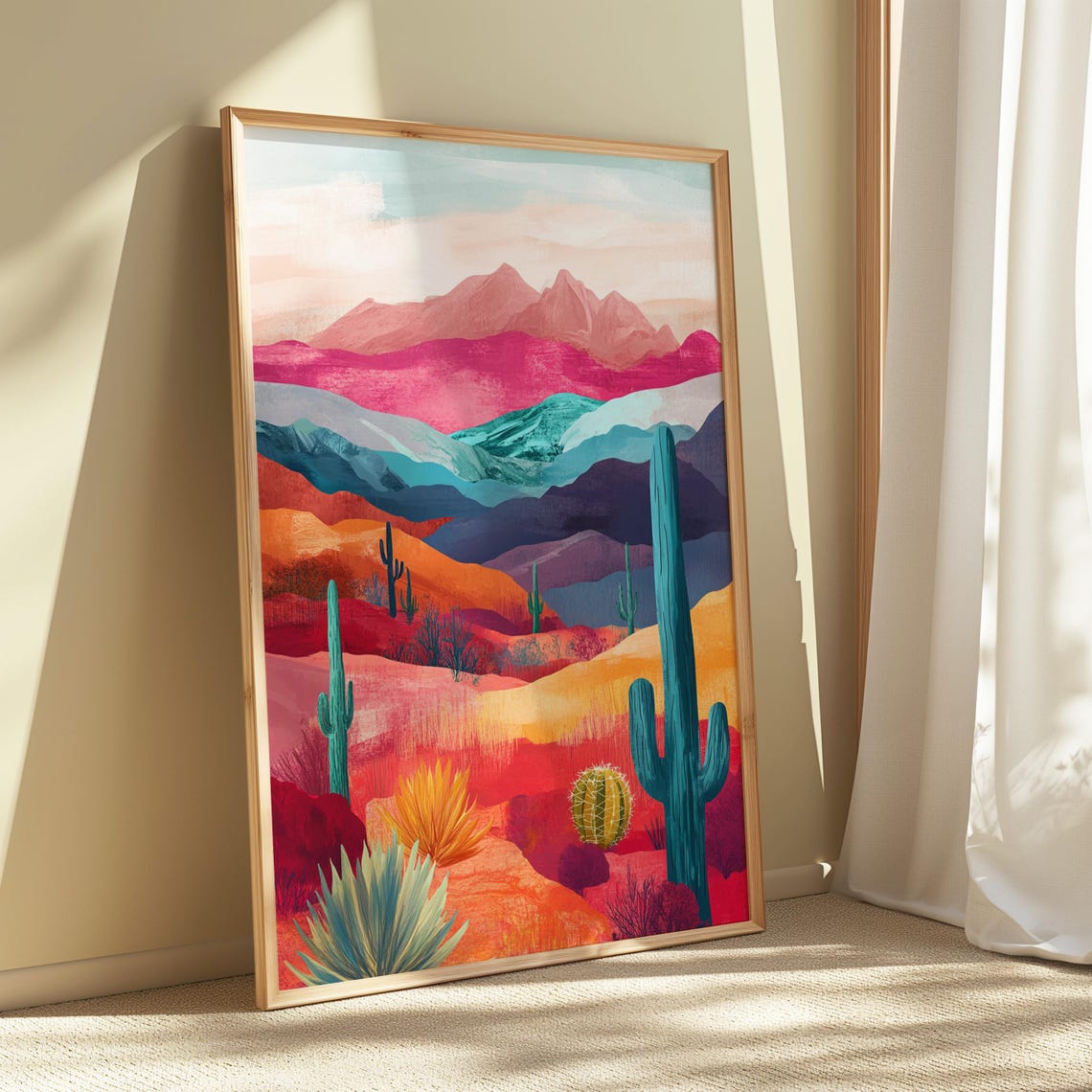 Colorful Layered Desert Mountains Cactus Landscape Abstract Art Poster - Image 5