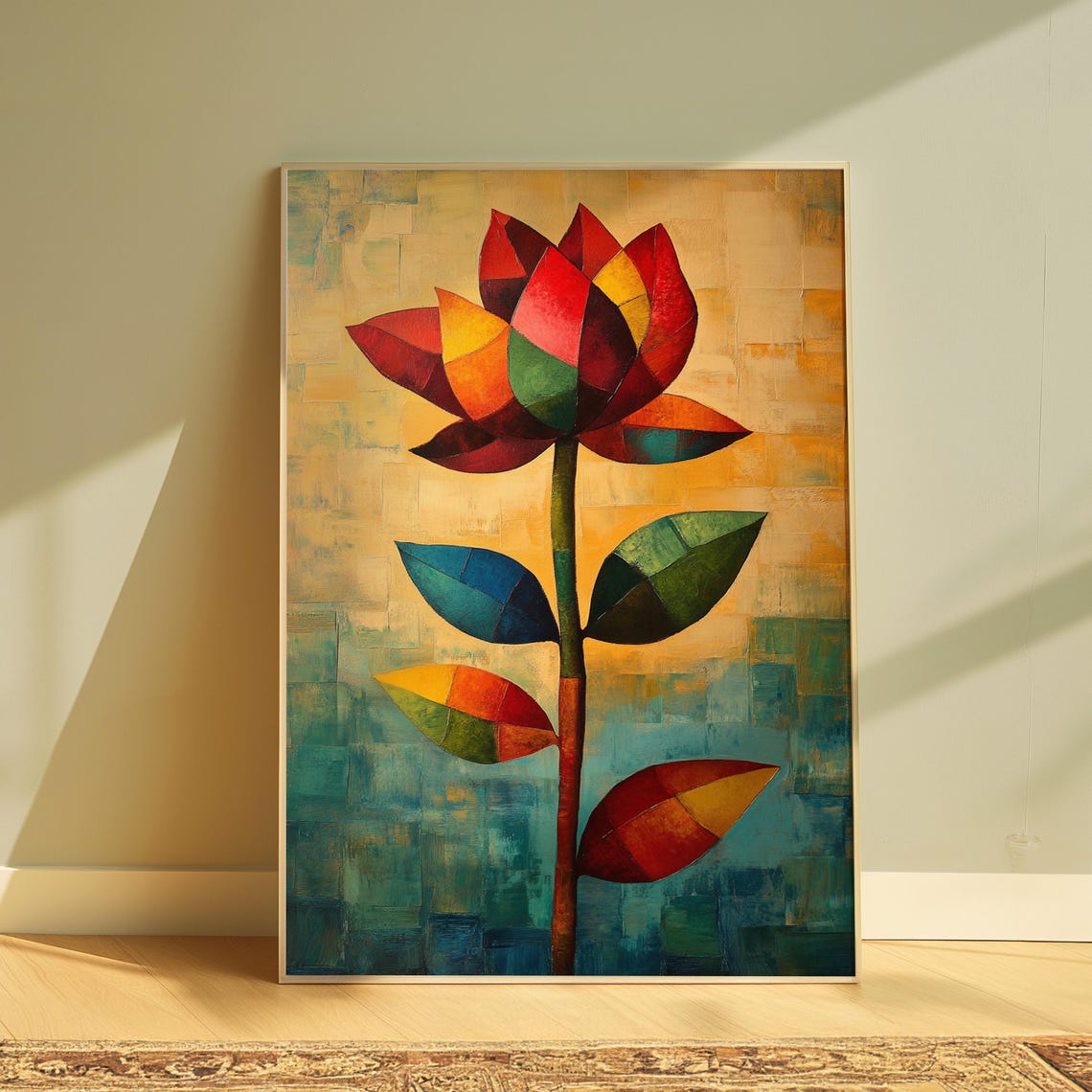Cubist Mosaic Flower Geometric Red Orange Teal Bold Modern Art Poster