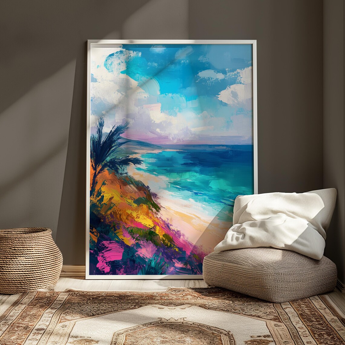 Tropical Beach Palm Silhouette Turquoise Waves Impressionist Coastal Poster - Image 3