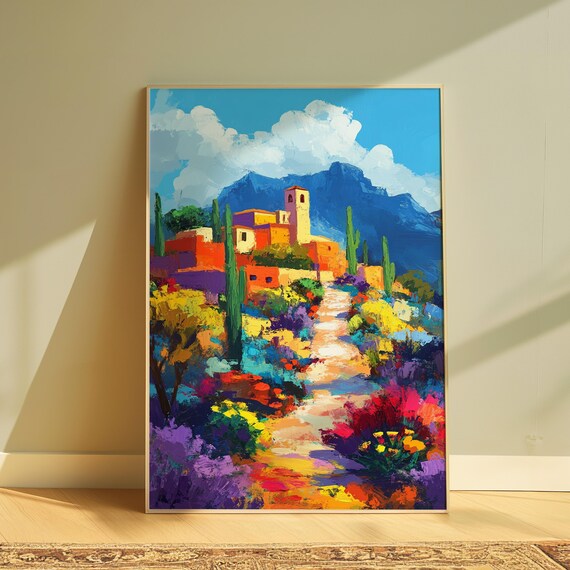 Mexican Village Hill Adobe Church Bell Tower Cacti Colorful Path Landscape Poster
