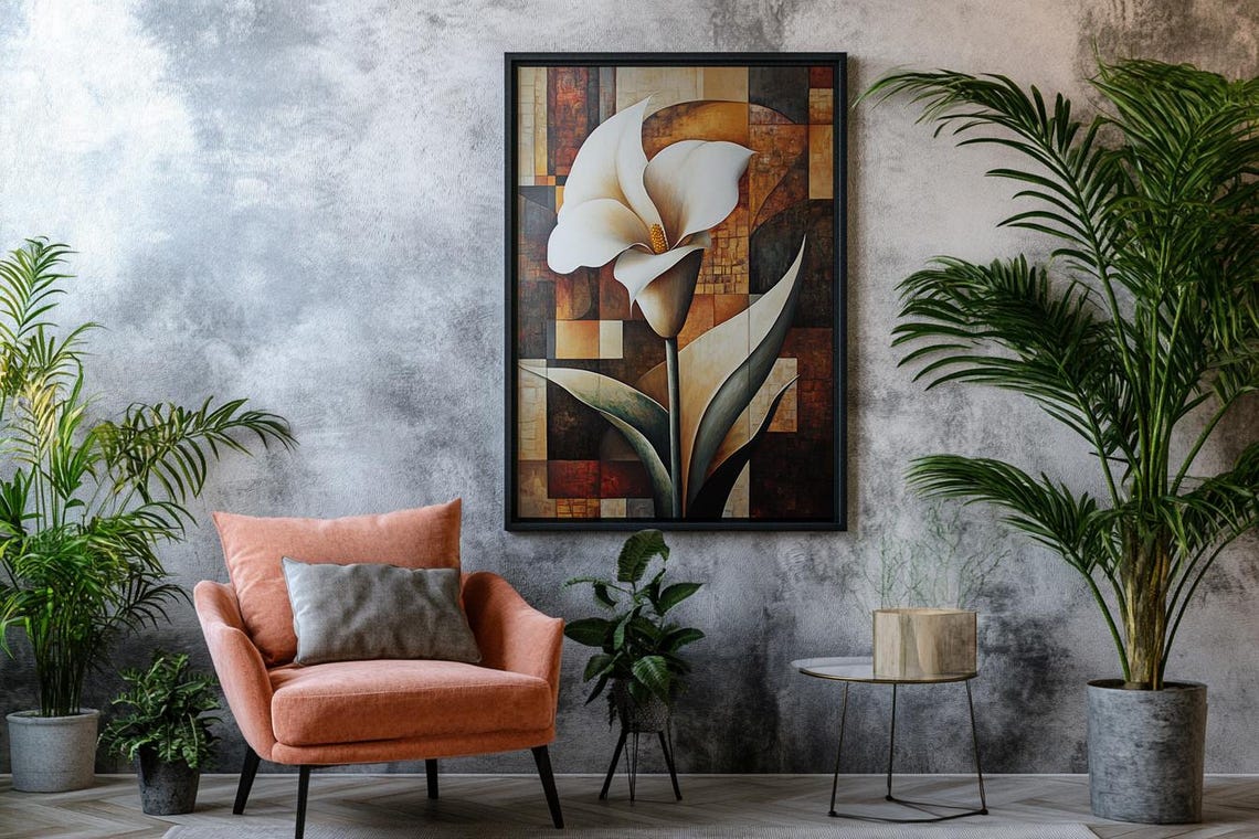 White Calla Lily Cubist Geometric Brown Block Background Art Poster - Image 2