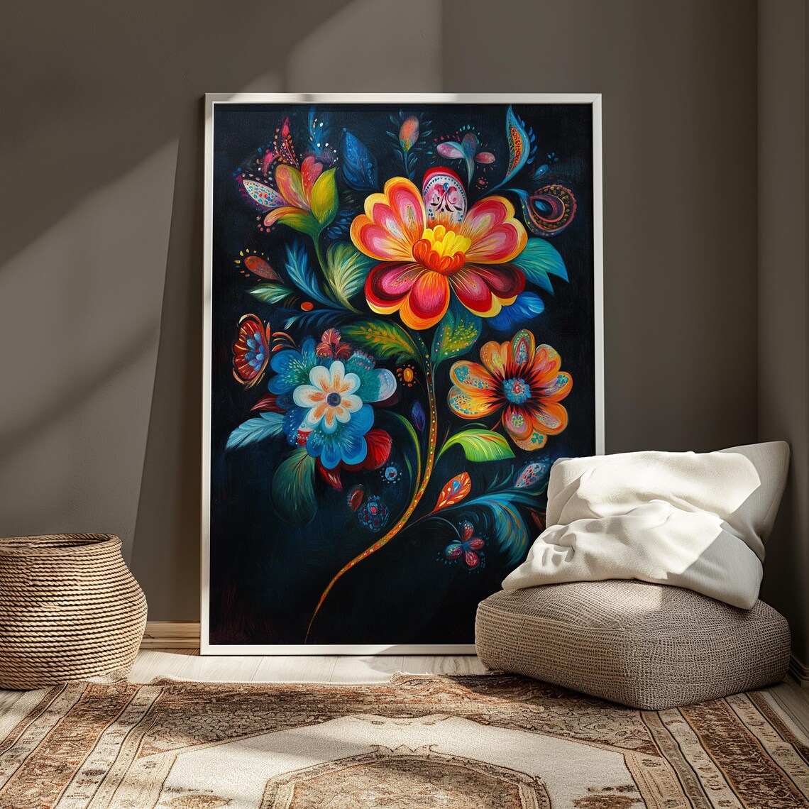 Neon Glow Blossoms Red Orange Teal Black Night Floral Poster - Image 3