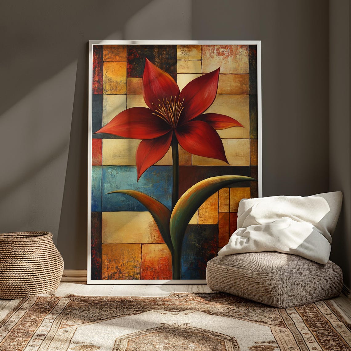 Crimson Lily Bloom Patchwork Tile Background Bold Floral Art Poster - Image 3