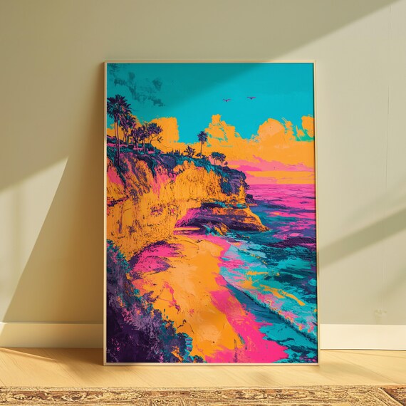 Colorful Tropical Ocean Cliff Palm Trees Sunset Pop Art Beach Poster