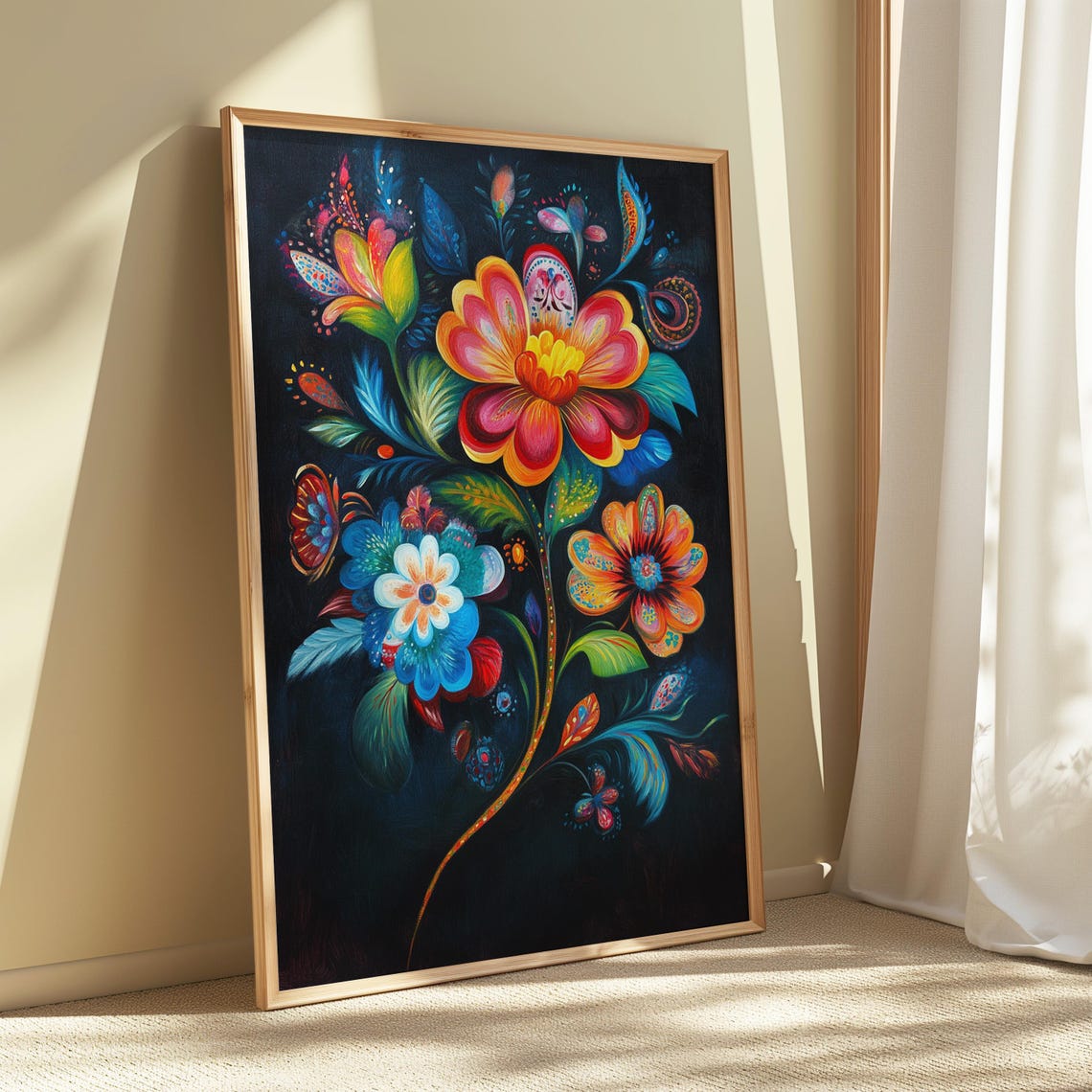 Neon Glow Blossoms Red Orange Teal Black Night Floral Poster - Image 5