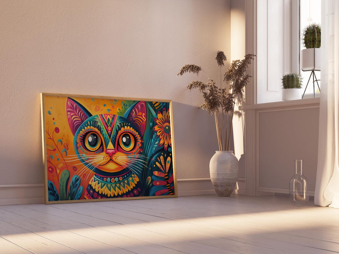 Smiling Folk Art Cat Patterned Collar Colorful Floral Poster - Image 2
