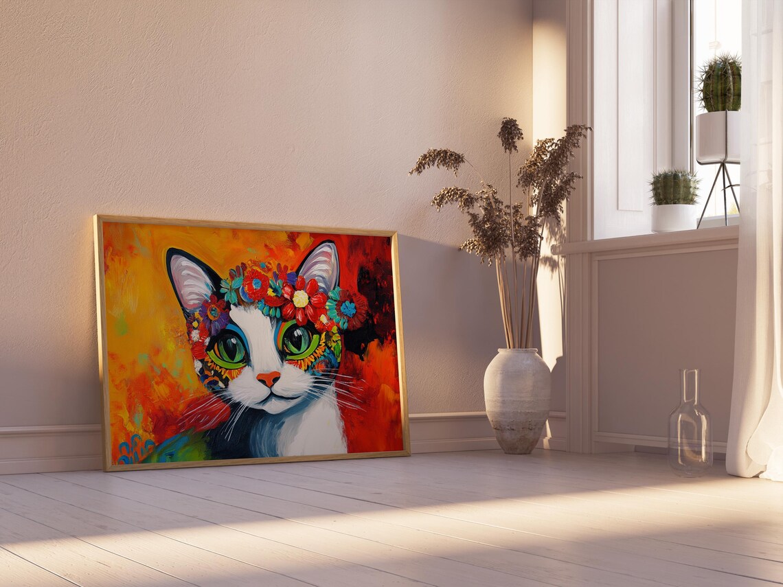 Tuxedo Cat Wearing Floral Crown Frida Style Green Eyes Red Art Poster - Image 2
