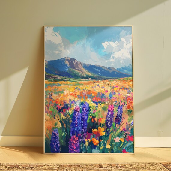 Impressionist Wildflower Meadow Lupines Blue Mountains Cloudy Sky Landscape Poster