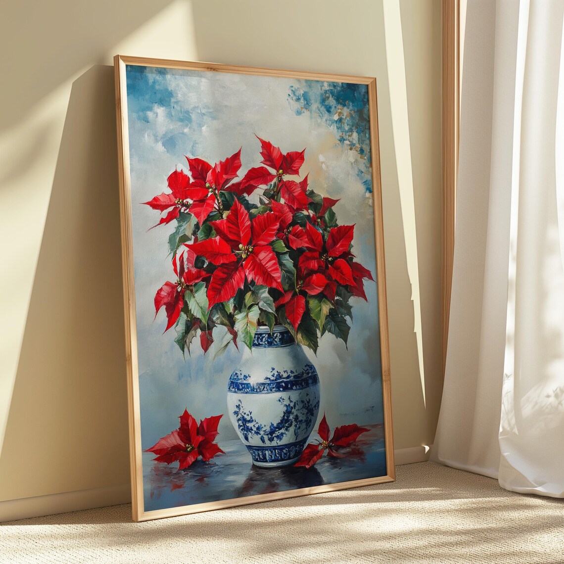Red Poinsettia Blue Porcelain Vase Watercolor Christmas Poster - Image 5