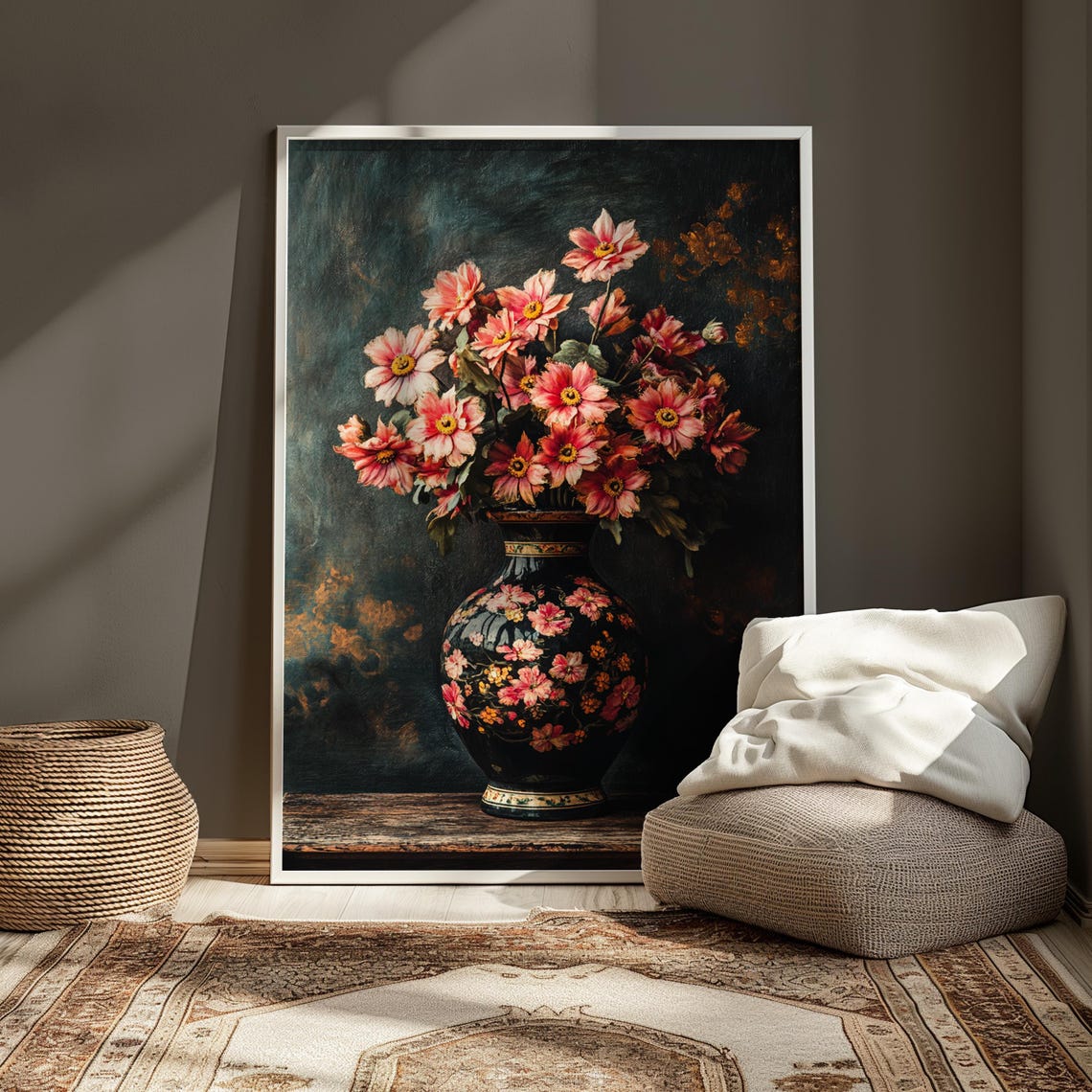 Delicate Pink Cosmos Bouquet Black Floral Vase Moody Elegant Wall Art - Image 4