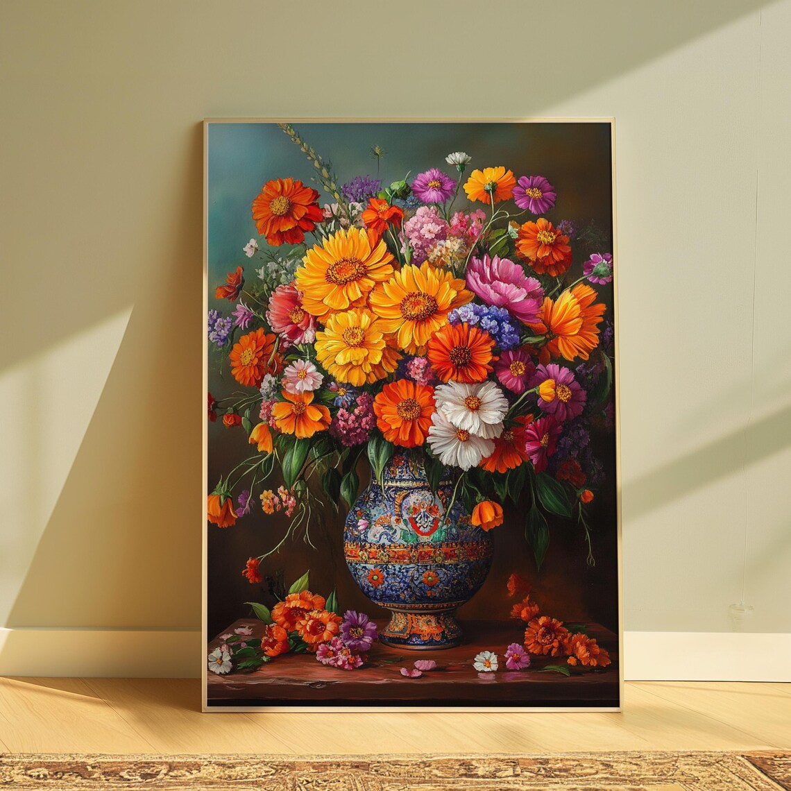 Mexican Folk Art Overflowing Zinnia Bouquet In Ornate Blue Vase Print
