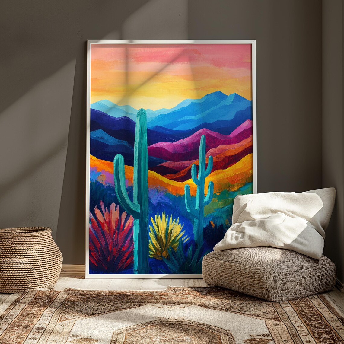 Desert Sunset Twin Saguaro Cacti Purple Mountains Colorful Southwest Poster - Image 3