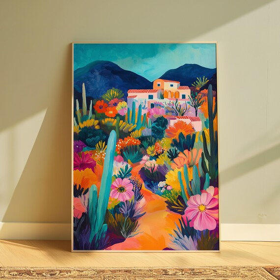 Desert Village Saguaro Cacti Pink Flowers Blue Mountain Art Print