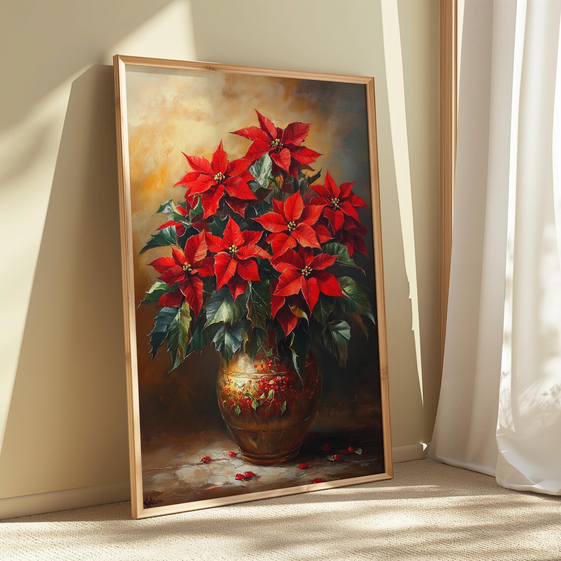Red Poinsettia Copper Vase Moody Christmas Floral Still Life Poster - Image 5