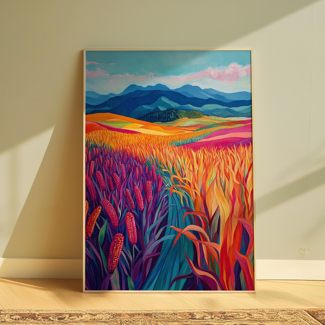 Colorful Corn Maize Field Blue Mountains Harvest Folk Landscape Wall Art Poster