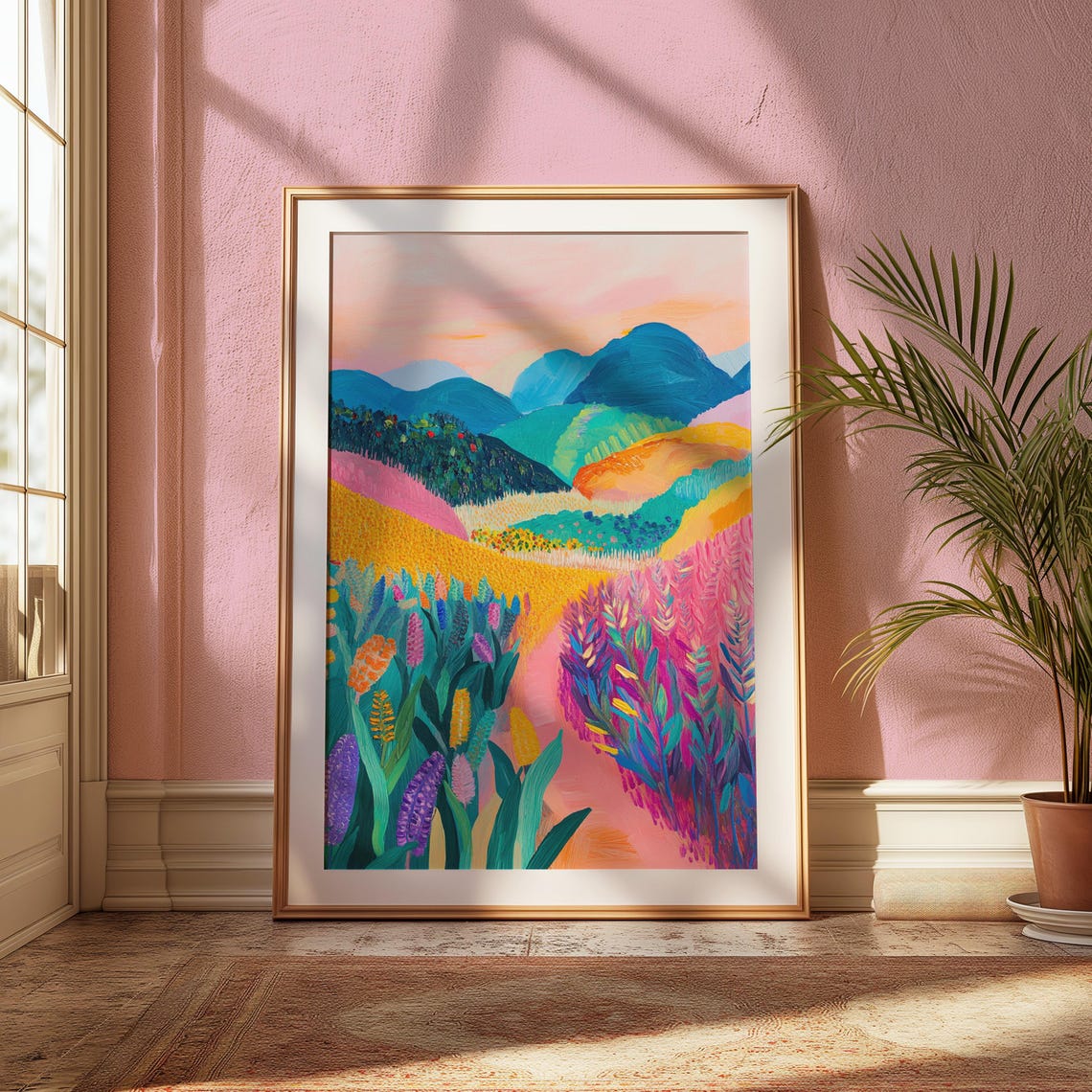 Pastel Pink Countryside Valley Teal Hills Soft Meadow Art Print - Image 2