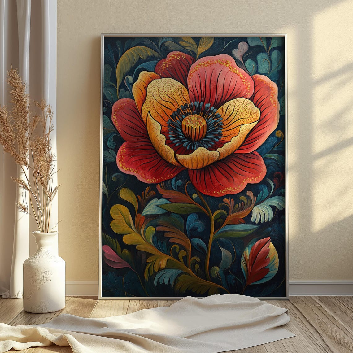 Bold Red Poppy Bloom Navy Botanical Dramatic Mexican Floral Art Poster - Image 4