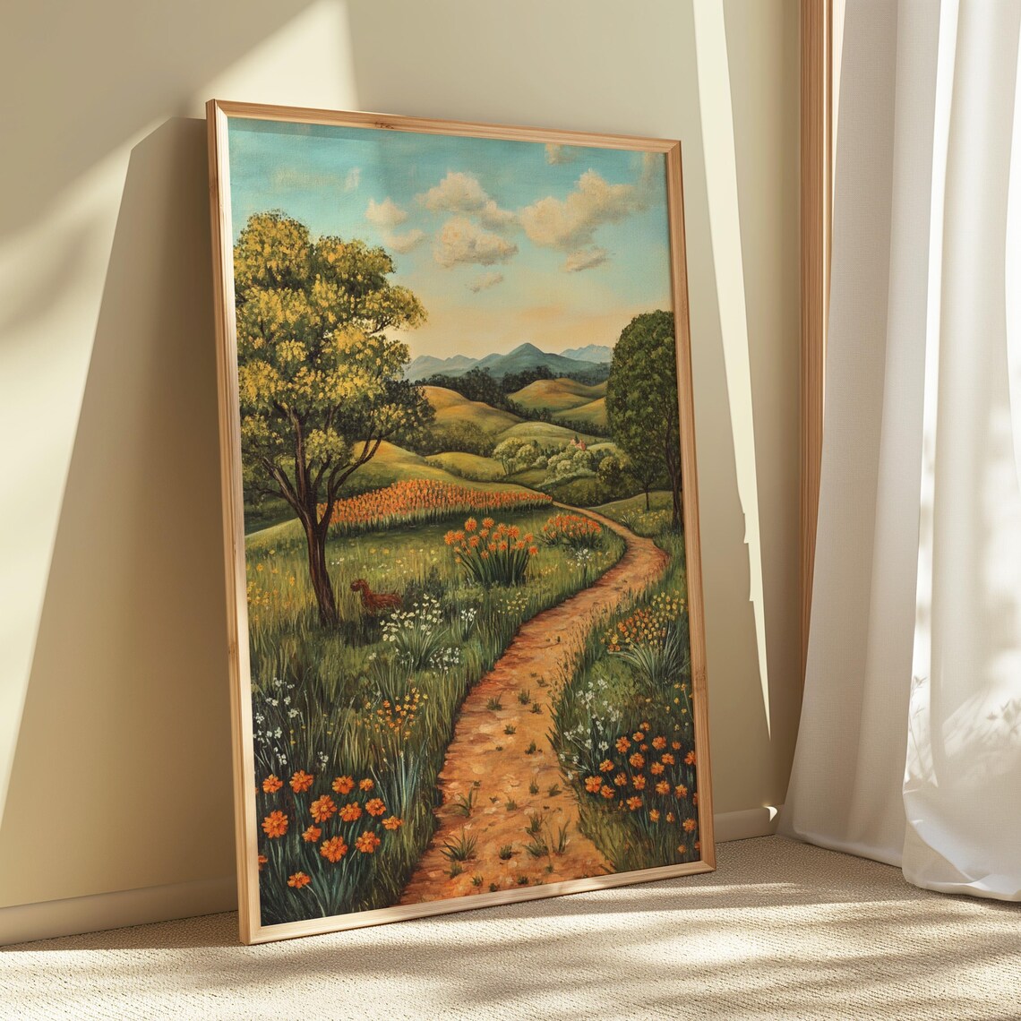 Winding Dirt Path Through Marigold Fields Mexican Countryside Art Poster - Image 4