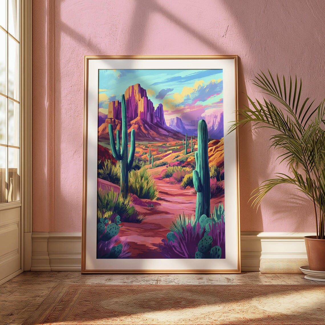 Red Rock Mesa Saguaro Cactus Desert Trail Landscape Art Poster - Image 2