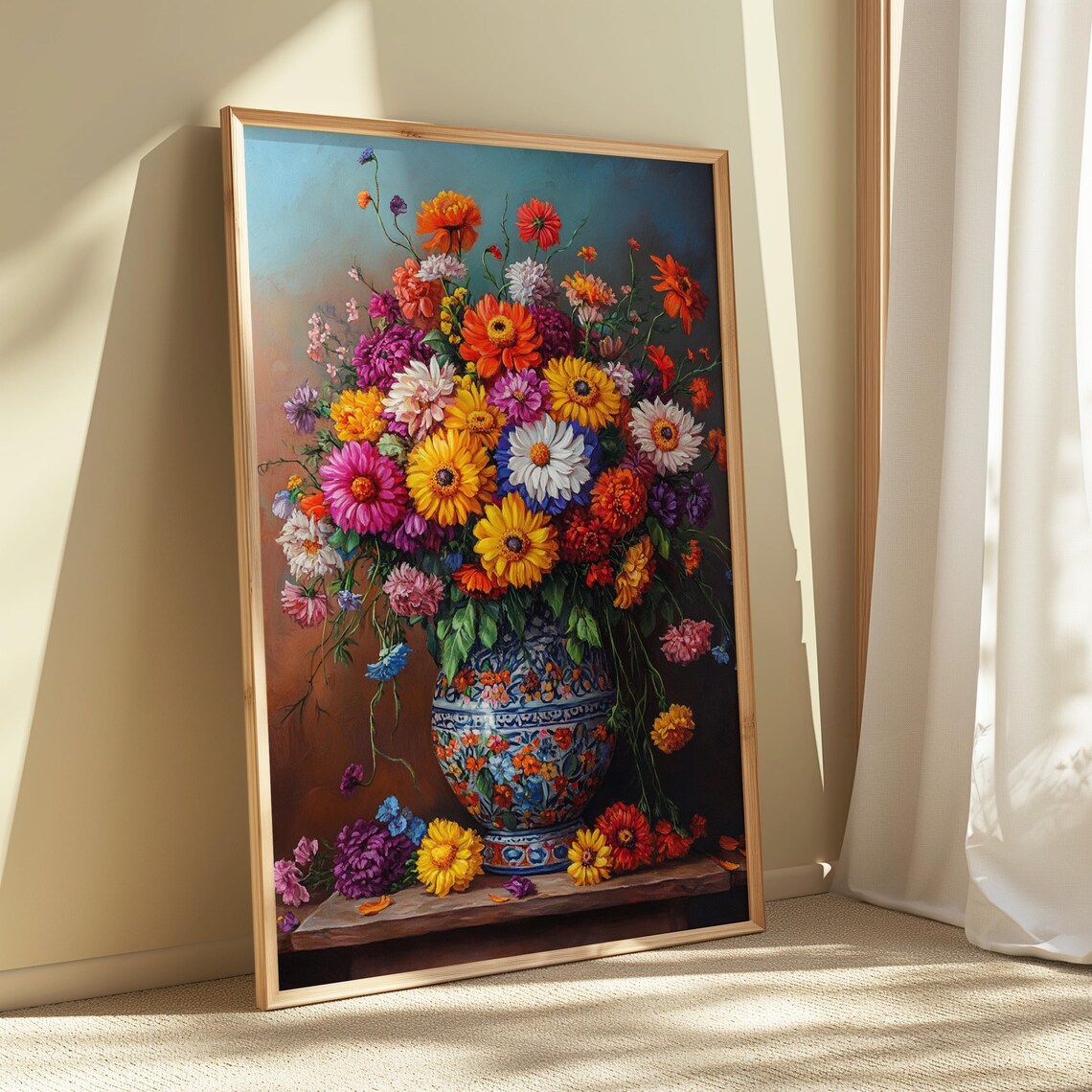 Cheerful Wildflower Bouquet Ornate Blue Vase Ledge Sunny Garden Poster - Image 5