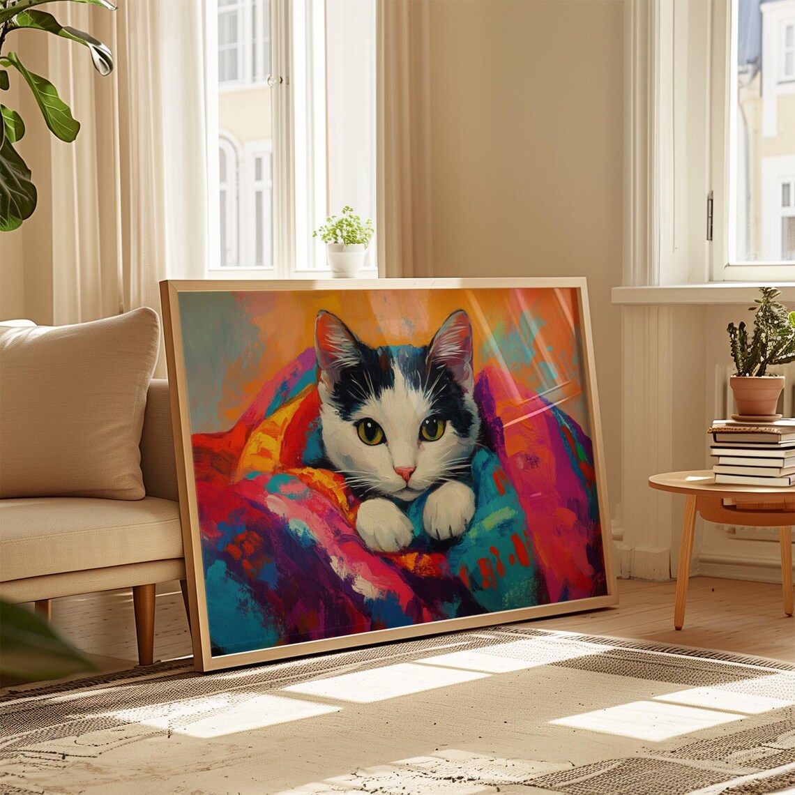 Tuxedo Kitten Peeking from Rainbow Blanket Green Eyes Painting Poster - Image 4