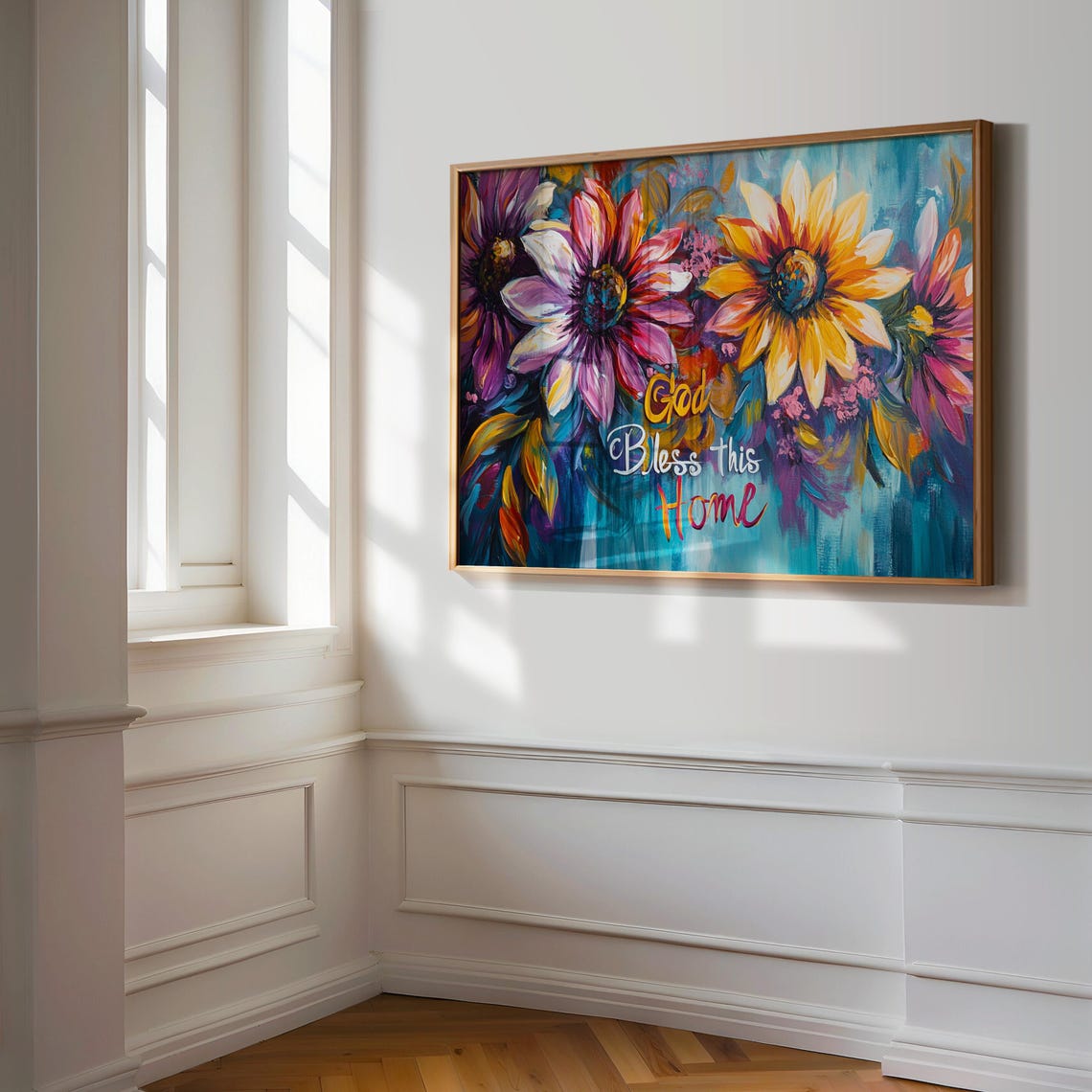 God Bless This Home Giant Daisy Gold Script Turquoise Poster - Image 3