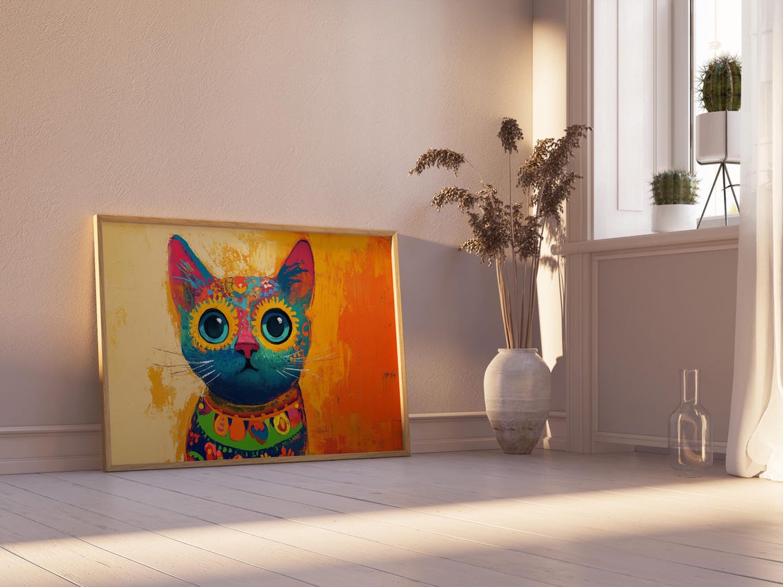 Blue Folk Art Cat With Floral Patterns Bright Orange Background Poster - Image 2