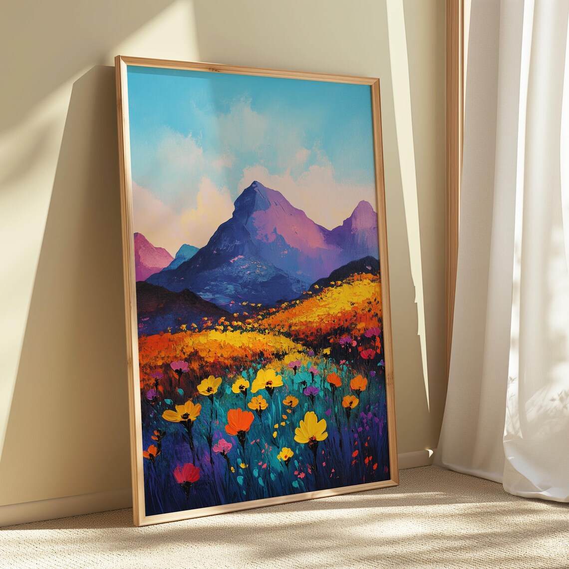 Colorful Wildflower Field Purple Mountain Dusk Turquoise Sky Landscape Poster - Image 5