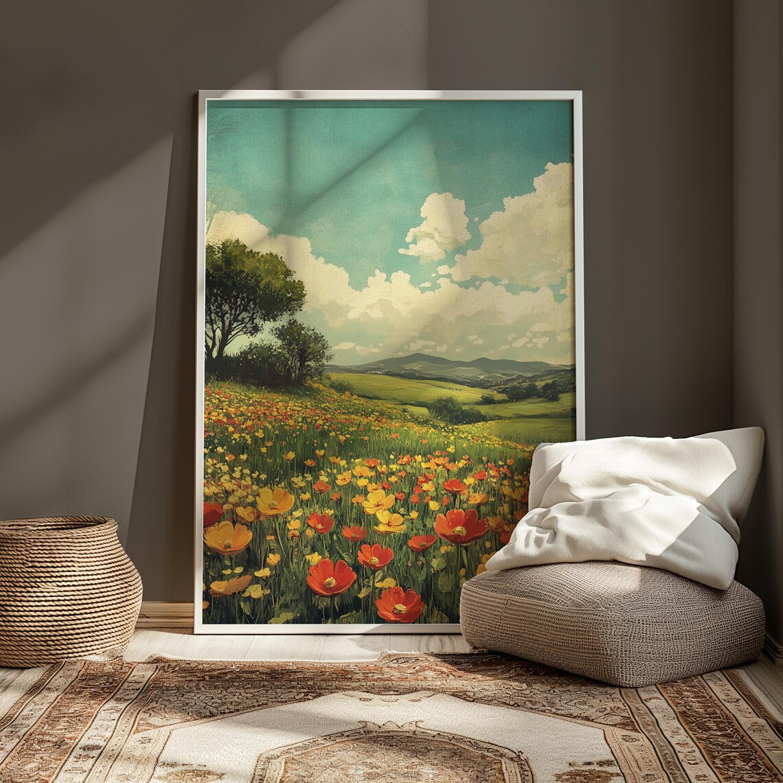 Sunlit Wildflower Meadow Big Oak Tree Vintage Teal Sky Landscape Poster - Image 3