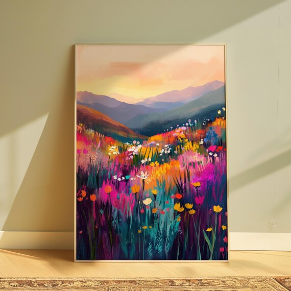 Colorful Wildflower Meadow Mountains Sunrise Landscape Painting Poster