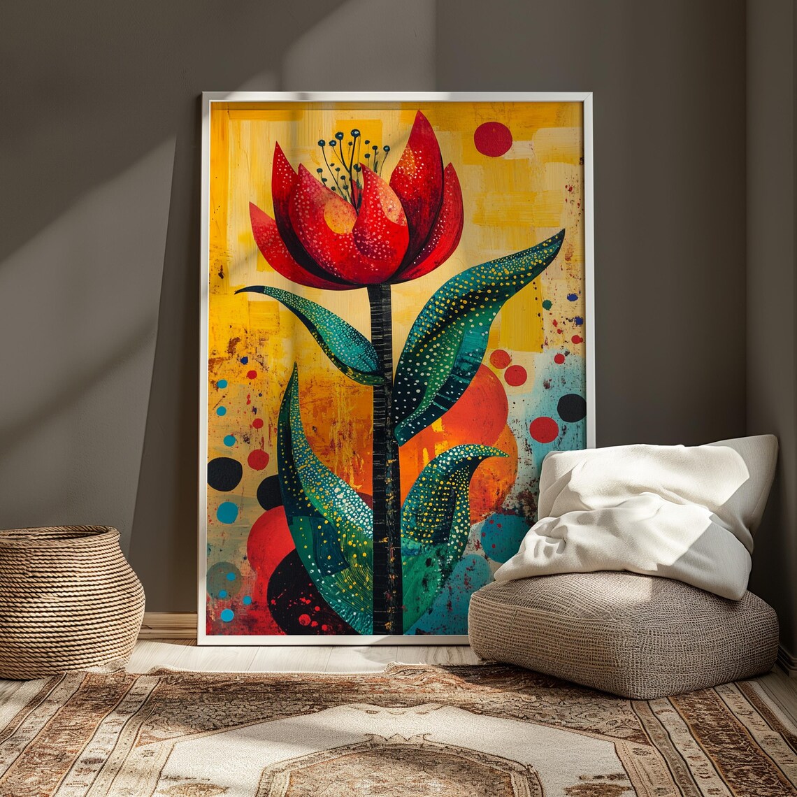 Red Tulip Spotted Petals Sunny Dots Folk Background Floral Art Poster - Image 3