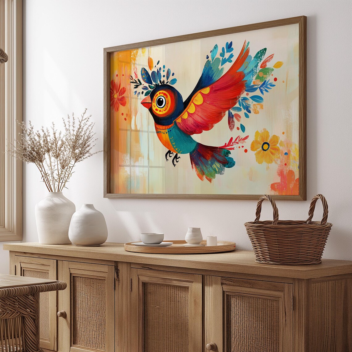 Flying Folk Art Bird Red Wings Cream Floral Background Poster
