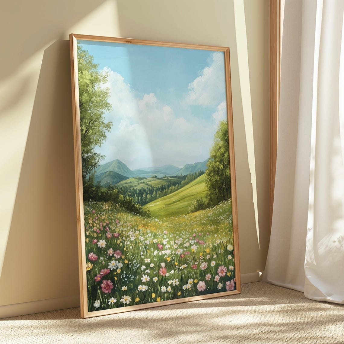 Lush Green Valley Wildflower Meadow Mountain View Oil Painting Poster - Image 4