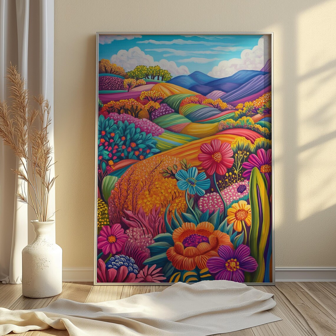 Folk Art Flower Garden Rainbow Hills Colorful Botanical Print - Image 4