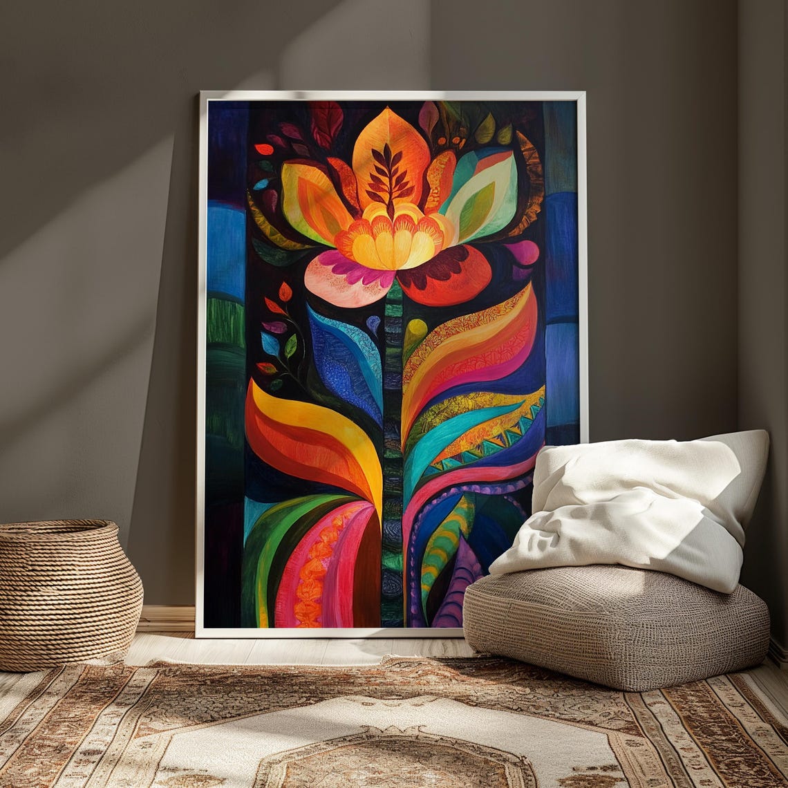 Ornate Folk Bouquet Dark Background Symmetrical Floral Art Poster - Image 3