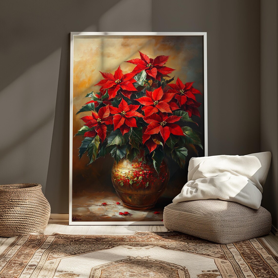 Red Poinsettia Copper Vase Moody Christmas Floral Still Life Poster - Image 4