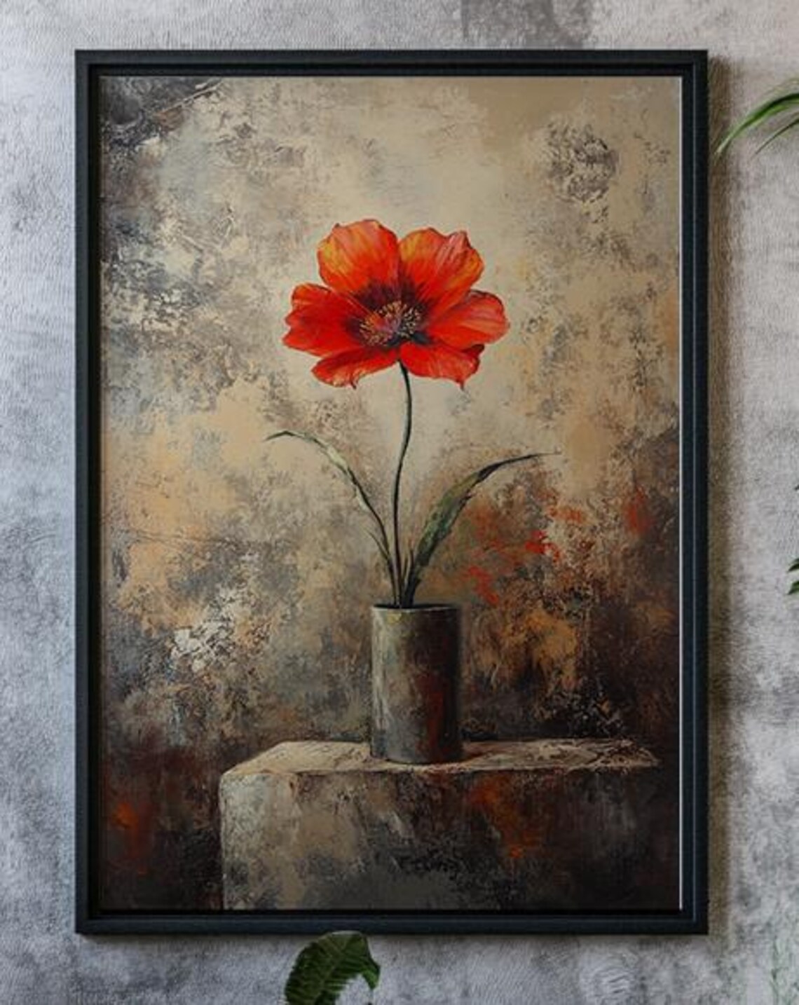 Single Red Poppy Metal Vase Textured Gray Rustic Painting Art Poster