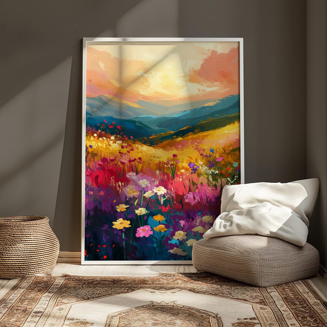 Sunset Wildflower Meadow Layered Mountain Peach Sky Art Print - Image 3