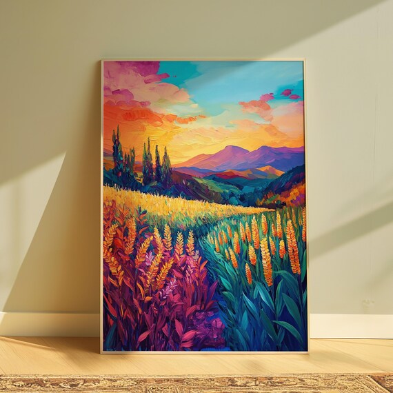 Mountain Valley Sunset Golden Wheat Field Vibrant Landscape Wall Art Poster