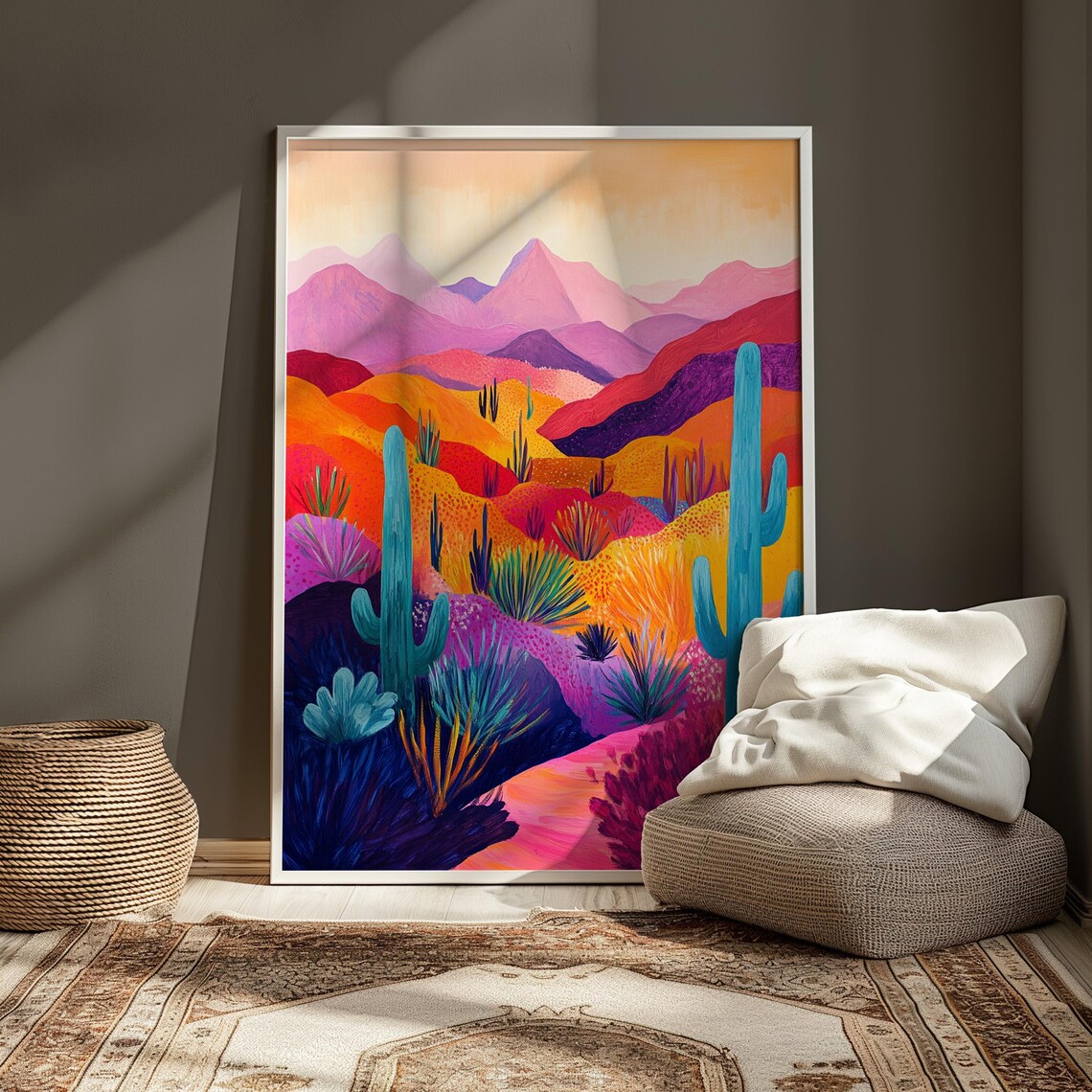 Colorful Desert Teal Saguaros Orange Hills Pink Mountain Ranges Warm Sky Poster - Image 3
