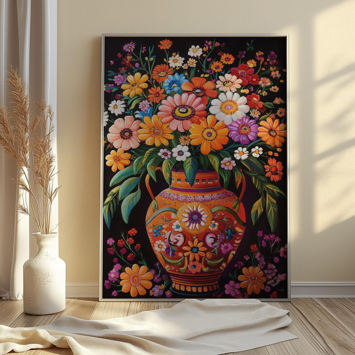 Folk Art Wildflower Bouquet Orange Mexican Vase Black Floral Wall Art - Image 3
