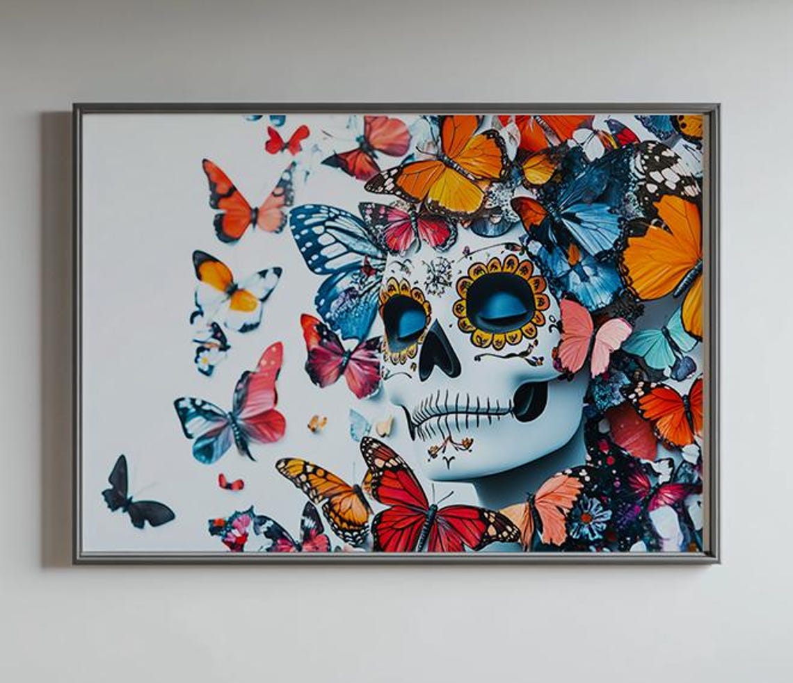 Sugar Skull Colorful Butterflies Day of the Dead Vibrant Art Poster