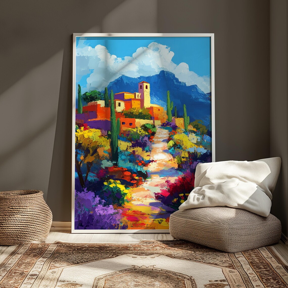 Mexican Village Hill Adobe Church Bell Tower Cacti Colorful Path Landscape Poster - Image 4