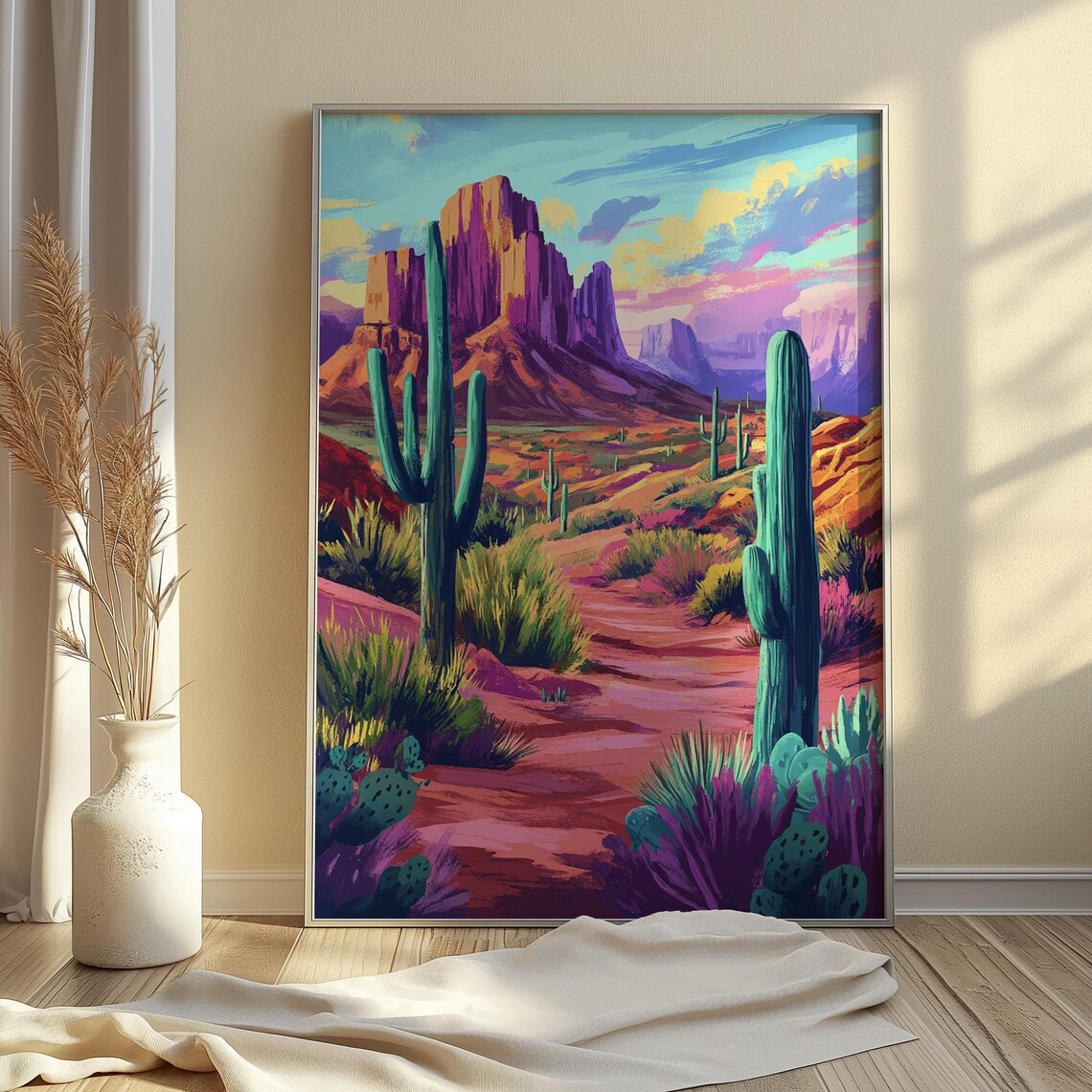 Red Rock Mesa Saguaro Cactus Desert Trail Landscape Art Poster - Image 4